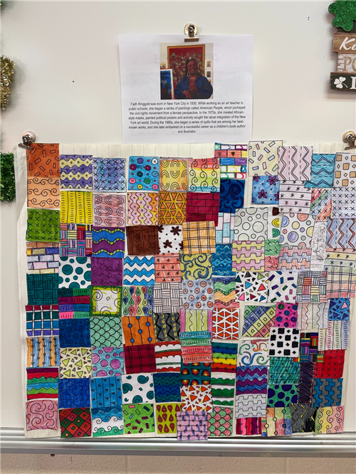 Picture shows pictures of student-created artwork pieced together into a quilt in the style of Faith Ringgold.